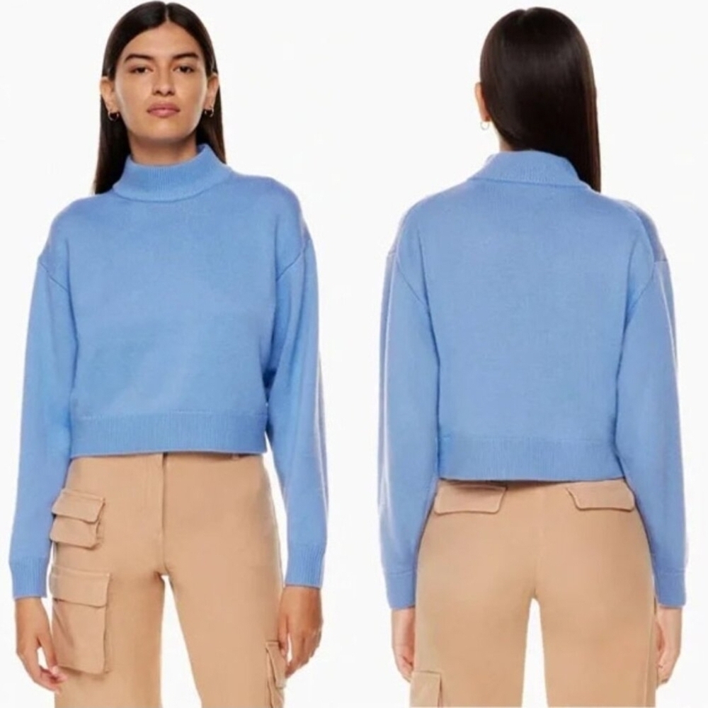 Aritzia Wilfred Free Harper Sweater Mockneck 100% Merino Wool Crop Azurine Blue